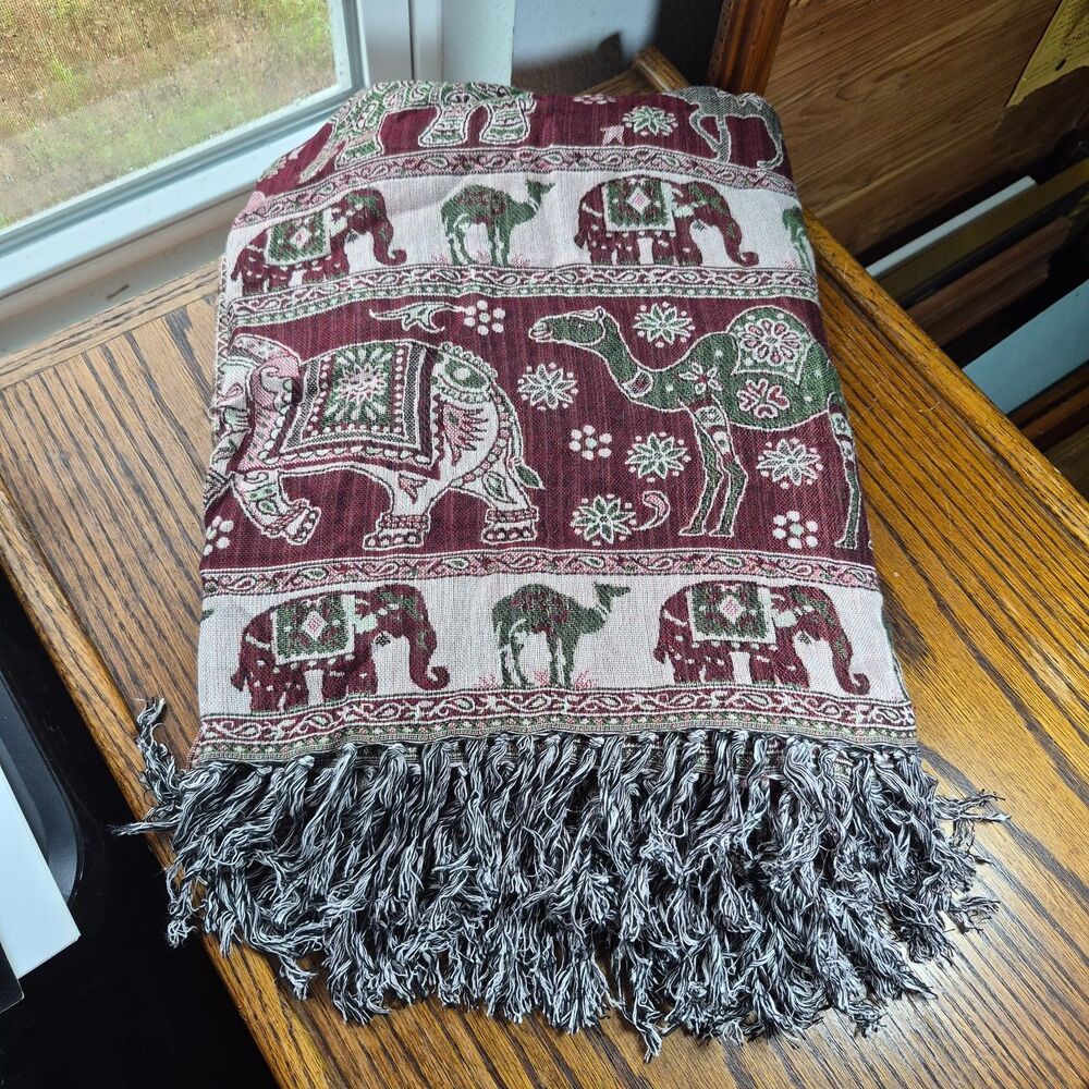 Vintage Elephant Paisley Brocade Pashmina Scarf Wrap Shawl Viscose or Rayon FZE
